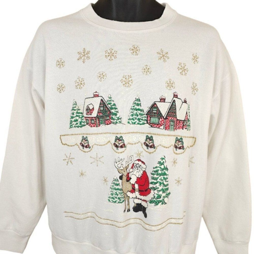 Christmas Sweatshirt Mens Size Large Vintage 90s Santa Claus Reindeer Houses